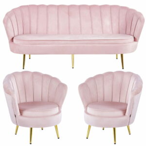 Zestaw Glamour: sofa 1,8m i 2 fotele muszelki ELIF różowy welur #12, złote nogi